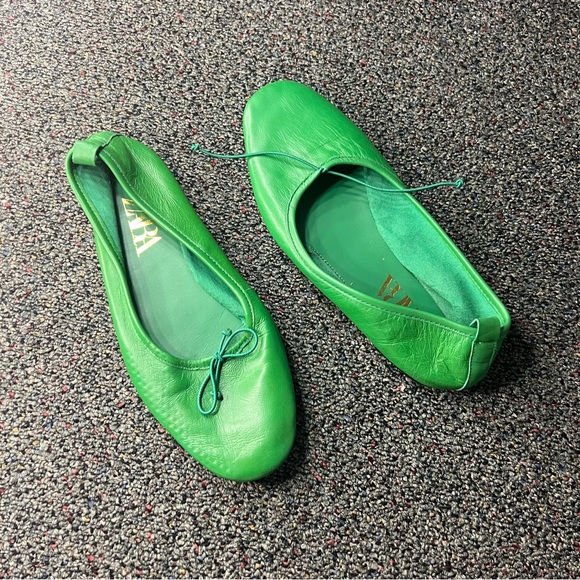 ZARA Bright Green Colorful Ballet Flats Leather Bow Soft Shoes Square Toe Sz 7.5 - Picture 10 of 16